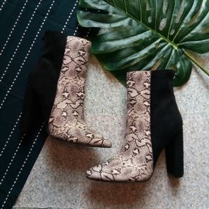 Lulus Karin Snake Two Tone High Heel Booties